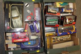 THREE BOXES OF MOSTLY BOXED DIE CAST TOY CARS AND VEHICLES TO INCLUDE CORGI EXAMPLES