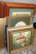A COLLECTION OF PICTURES AND PRINTS TO INC WATERCOLOUR STILL LIFE, LANDSCAPES, OIL OF A COTTAGE ETC