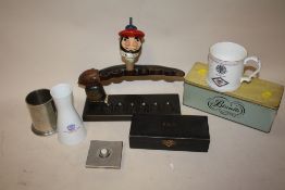A BOX OF COLLECTABLES TO INCLUDE A CASED 'THE ULTRA LENS', CARVED BONE PIPE RACK IN THE FORM OF A