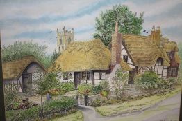 A GILT FRAMED AND GLAZED MIXED MEDIA OF THATCHED COTTAGES SIGNED R B TAYLOR 1986