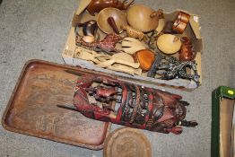 A BOX OF ASSORTED TREEN TO INCLUDE A TRIBAL STYLE MASK