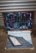 AN ABSTRACT OIL ON PAPER LAID ON BOARD DEPICTING A TOWN SCENE, TOGETHER WITH AN UNFRAMED OIL ON