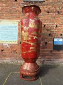 A HUGE AND IMPRESSIVE ORIENTAL STYLE BALUSTER VASE ON SHAPED STAND WITH GILT CHINNOISERIE STYLE