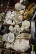TWO TRAYS OF ASSORTED CERAMICS TO INCLUDE AYNSLEY COTTAGE GARDEN, POOLE VASE, SPODE ETC.