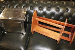 A MODERN STEEL EFFECT LOG BOX TOGETHER WITH TWO SMALL WOODEN BOOK SHELVES