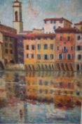 A FRAMED OIL ON BOARD ENTITLED REFLECTIONS IN THE ARNO - BY LILY ARROWSMITH - 58.5 CM BY 43.5CM