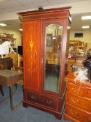 A SMALL EDWARDIAN MAHOGANY INLAID MIRRORED WARDROBE H-199 W-102 CM A/F