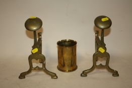 A PAIR OF BRASS FIRE DOGS TOGETHER WITH A TRENCH ART VASE (3)
