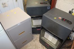TWO MANSION GAS HEATERS AND A TWO DRAWER FILING CABINET