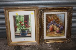 A FRAMED AND GLAZED OIL ON BOARD STILL LIFE STUDY OF GERANIUMS IN A JUGS BY JOHN FISCHER TOGETHER