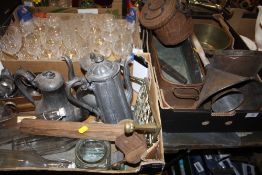TWO TRAYS OF ASSORTED METALWARE TO INCLUDE A COPPER PLANTER, PEWTER COFFEE POTS ETC