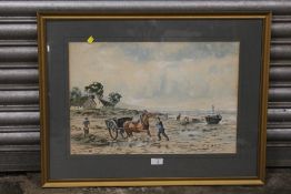 A FRAMED AND GLAZED WATERCOLOUR OF A SHORE LAND WITH HORSE AND CART SIGNED J.H.M. KAY, 54 X 36 CM