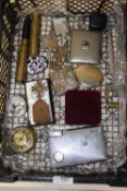 A SMALL TRAY OF COLLECTABLES TO INCLUDE BADGES, COMBINATION CIGARETTE CASE LIGHTER AND CLOCK ETC