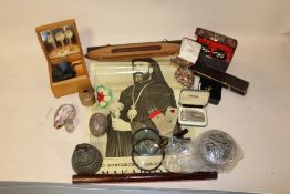 A BOX OF COLLECTABLES TO INCLUDE A LOOM SHUTTLE, MUSICAL BOX, CUFFLINKS ETC