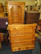 A HONEY PINE HANGING WALL RACK W-85 CM AND A CORNER CABINET (2)