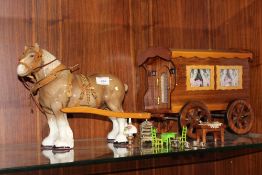 A LARGE CERAMIC SHIRE HORSE AND WOODEN CART FIGURE WITH FURNITURE