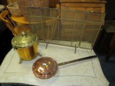 A VINTAGE WARMING PAN, COAL BIN AND A FIRESCREEN (3)