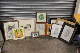 A COLLECTION OF CAT RELATED PICTURES AND PRINTS TO INCLUDE AN ENGRAVING SIGNED NADEL MEYER-