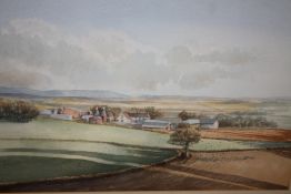 A GILT FRAMED AND GLAZED WATERCOLOUR OF A RURAL LANDSCAPE SIGNED GRAHAM L ADAMS '84 - 54 CM BY 36