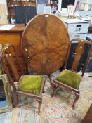 AN ANTIQUE WALNUT / MAHOGANY TILT-TOP TABLE WITH TWO LATER CHAIRS (3)