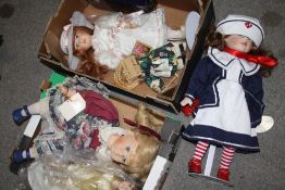 TWO BOXES OF PORCELAIN HEADED DOLLS ETC.