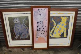THREE FRAMED AND GLAZED MACKENZIE THORPE CAT PRINTS, LARGEST INCLUDING FRAME 73 X 93 CM