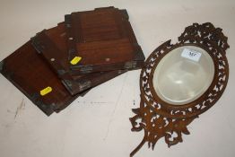 A TUNBRIDGEWARE INLAID PIERCED MAHOGANY MIRROR WITH FIGURAL INLAY TO REVERSE A/F TOGETHER WITH THREE