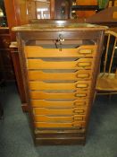 A VINTAGE OAK TAMBOUR FRONTED FILING CABINET H-96 CM W-46.5 CM A/F WORM DAMAGE - VENEER LOSS