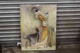 A MODERN PRINT ON CANVAS OF AN ART DECO LADY WITH DOGS, OVERALL SIZE, 60 X 80 CM