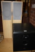 AN ELTAX A-12R SUBWOOFER AND ELTAX FLOOR STANDING SPEAKERS