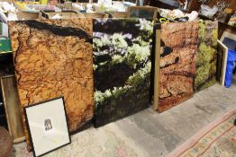 A SET OF FOUR LARGE MODERN CANVAS PRINTS TOGETHER WITH A DRESSING TABLE TRIPLE MIRROR, ETCHED ARCHED