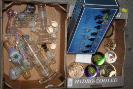 TWO SMALL BOXES OF GLASSWARE TO INCLUDE STUDIO GLASS PAPERWEIGHTS, SMOKING ACCESSORIES ETC.