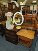 A QUANTITY OF ASSORTED FURNITURE INCLUDING A BOOKCASE, SEWING TABLE, MIRROR ETC (6)