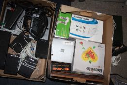 TWO BOXES OF ELECTRICALS ETC. TO INCLUDE PANASONIC SOUND SYSTEM