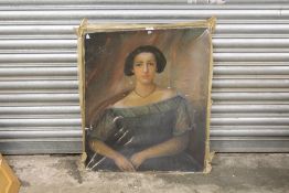 AN ANTIQUE UNFRAMED OIL ON CANVAS PORTRAIT STUDY OF A LADY IN CLASSIC DRESS, A/F - CANVAS BROKEN, 64