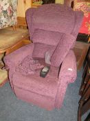 A MODERN PURPLE RISE / RECLINE ARMCHAIR