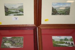 FOUR SMALL FRAMED AND GLAZED OIL PAINTINGS DEPICTING RURAL RIVER AND MOUNTAINOUS SCENES SIZE - 11.