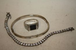 A SILVER BANGLE TOGETHER WITH SILVER RING AND A SILVER TENNIS BRACELET - APPROX WEIGHT 33.7G
