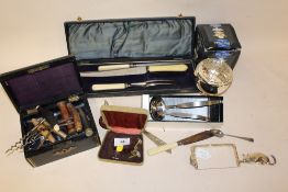 A BOX OF COLLECTABLES TO INCLUDE A QUANTITY OF CORKSCREWS, CARVING SET ETC