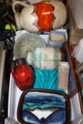 A TRAY OF STUDIO POTTERY TO INCLUDE A WEST GERMANY JUG