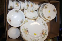 A TRAY OF COALPORT FRUIT PATTERN CHINA TO INCLUDE DINING PLATES