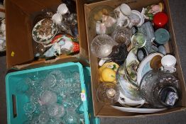 THREE BOXES OF ASSORTED CERAMICS AND GLASSWARE TO INCLUDE OLD TUPTON WARE, PILL BOX, CUT GLASS