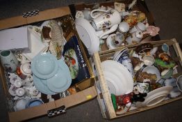 THREE TRAYS OF ASSORTED CERAMICS TO INCLUDE PORTMEIRION, HORNSEA, FLORAL COFFEE SET ETC.