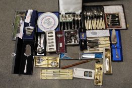 A TRAY OF BOXED CUTLERY TO INCLUDE SILVER PLATED EXAMPLES