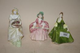 A ROYAL DOULTON BO PEEP FIGURE HN1811 TOGETHER WITH A COALPORT JENNIFER JANE FIGURE AND A COALPORT