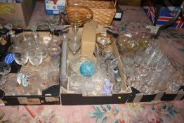THREE TRAYS OF ASSORTED GLASSWARE TO INCLUDE CUT GLASS DRINKING GLASSES, CAITHNESS VASE ETC.