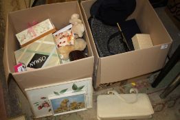TWO BOXES OF ASSORTED SUNDRIES TO INCLUDE LADIES HANDBAGS, PICTURES, SOFT TOYS ETC.