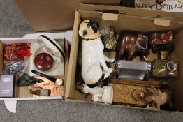 TWO BOXES OF ASSORTED COLLECTABLES TO INCLUDE COSTUME JEWELLERY, STAFFORDSHIRE STYLE FIGURE, MARBLES