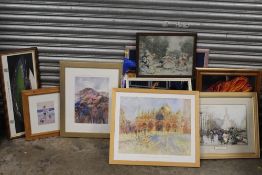 A QUANTITY OF PICTURES AND PRINTS TO INCLUDE WOOL WORKED TAPESTRIES OF SPANISH DANCERS,