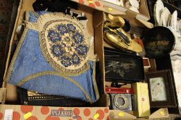 TWO TRAYS OF COLLECTABLES TO INCLUDE TEXTILES, LACQUER WARE ITEMS, DUCK SHAPED LIDDED BOX ETC.